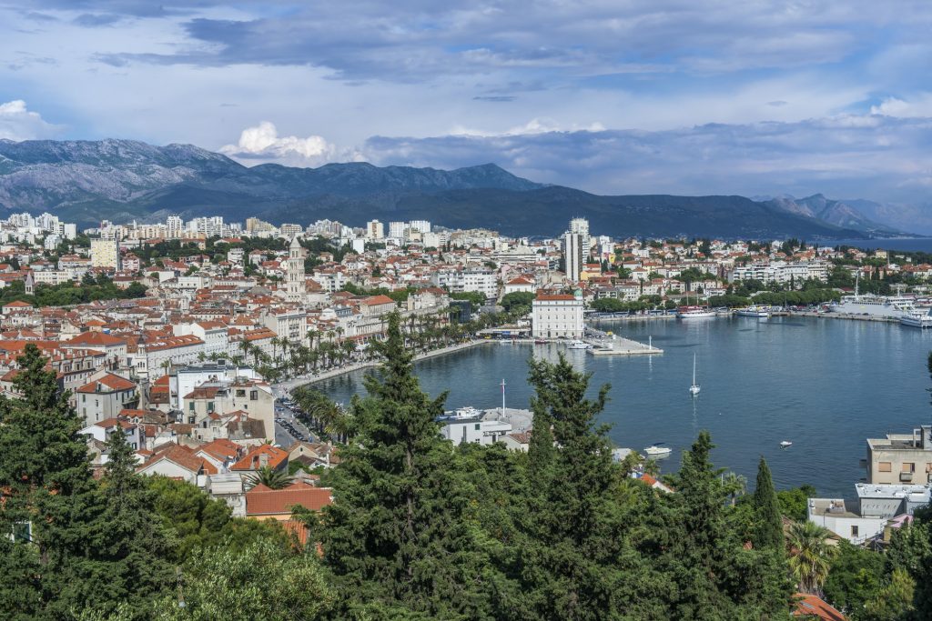 Aerial view of coastal city under blue sky, Split, Split, Croatia