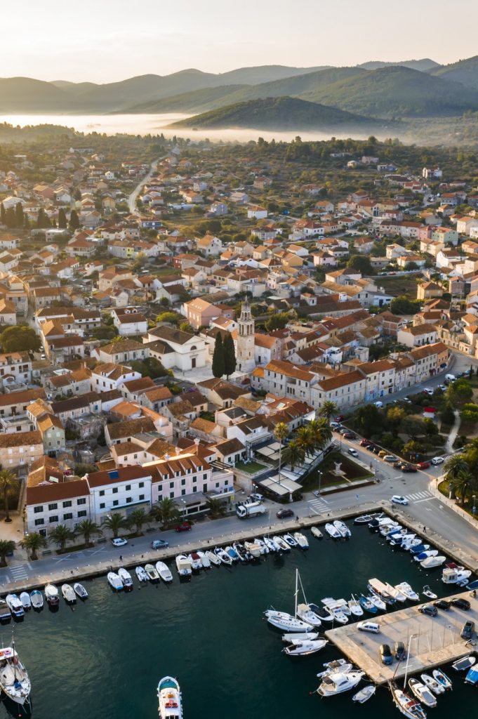 Aerial view of Vela Luka town on Korcula island, Croatia