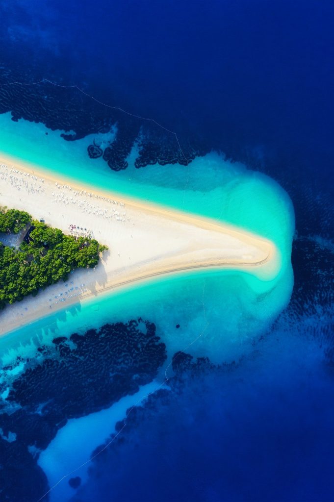 Croatia, Hvar island, Bol town. Aerial view at the Zlatni Rat beach. Famous place in Croatia.